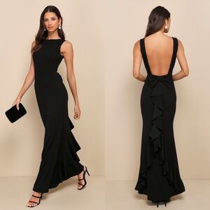 LULUS Ruffle Bow Detail Open Back Sleeveless Mermaid Skirt Wedding Guest Gown M